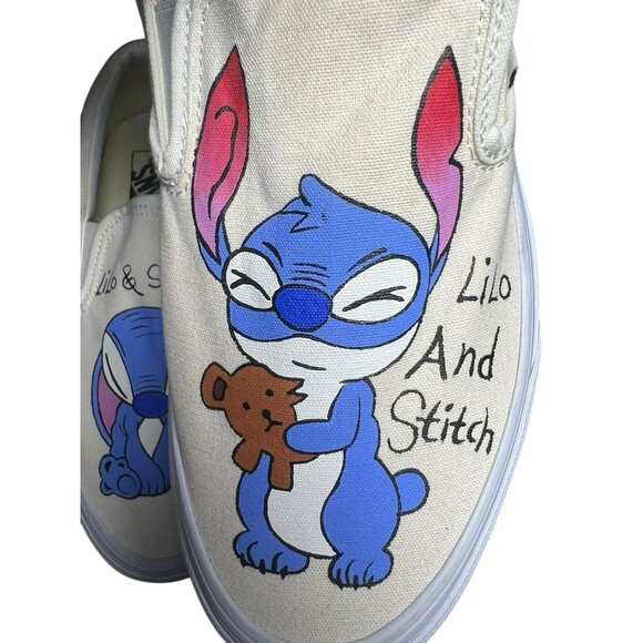 Lilo & Stitch Hand Painted Stitch Slip On White Vans White Women’s 9‎  Slip On - Picture 3 of 10